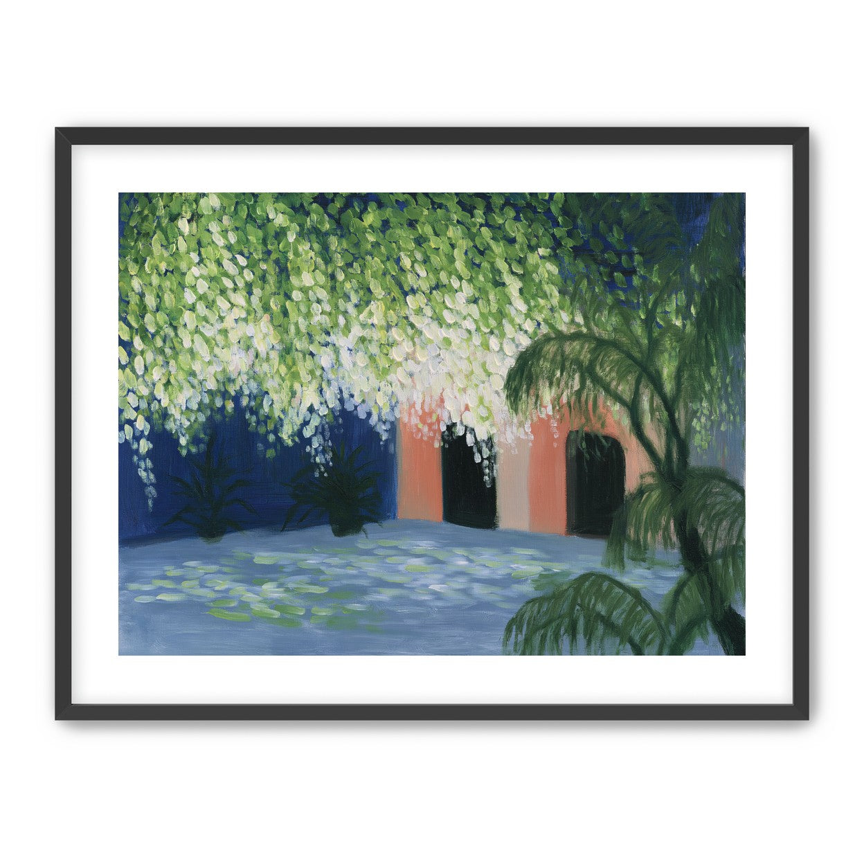 Doorway under falling blossoms