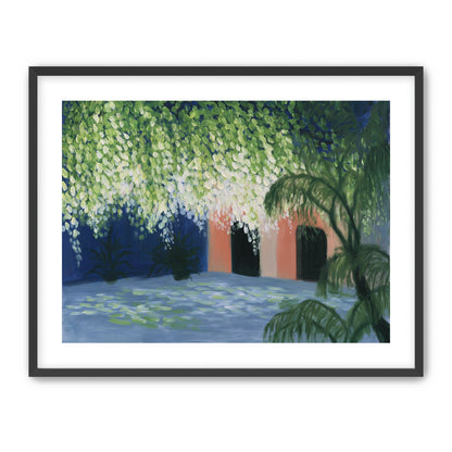 Doorway under falling blossoms