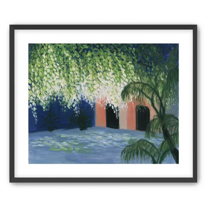 Doorway under falling blossoms