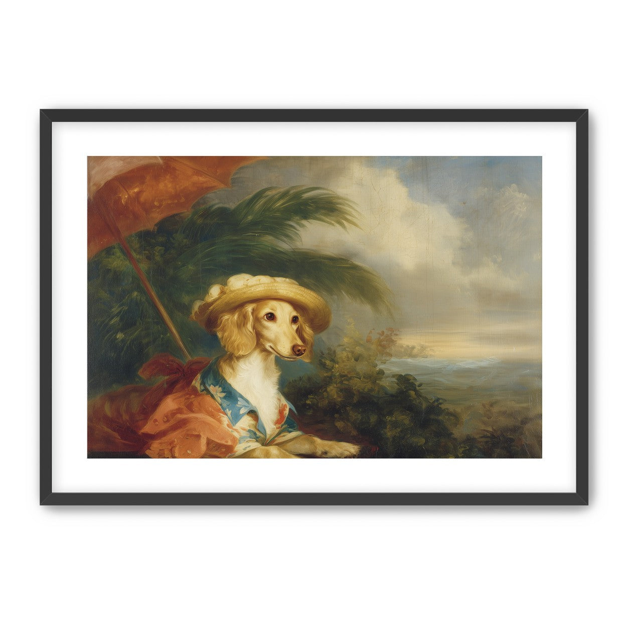 Red parasol over seaside dog