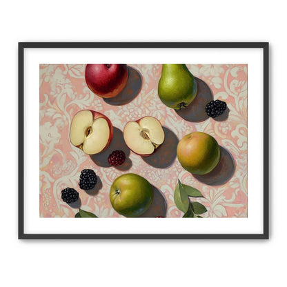 Apples, Pear, and Berries on Floral Fabric