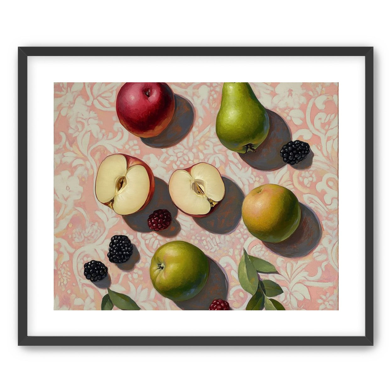 Apples, Pear, and Berries on Floral Fabric