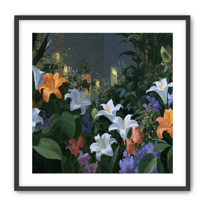 Lit windows beyond the lilies