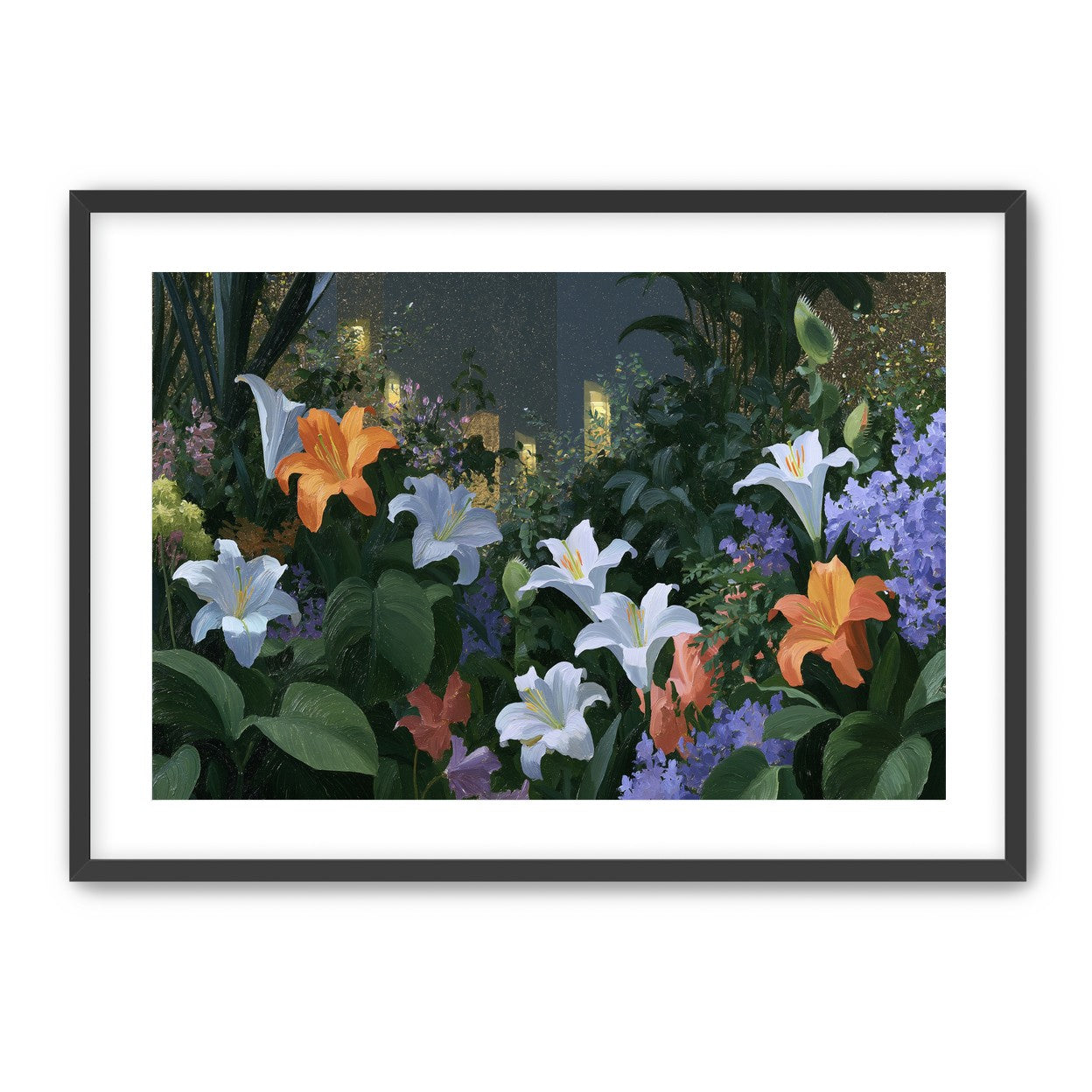 Lit windows beyond the lilies
