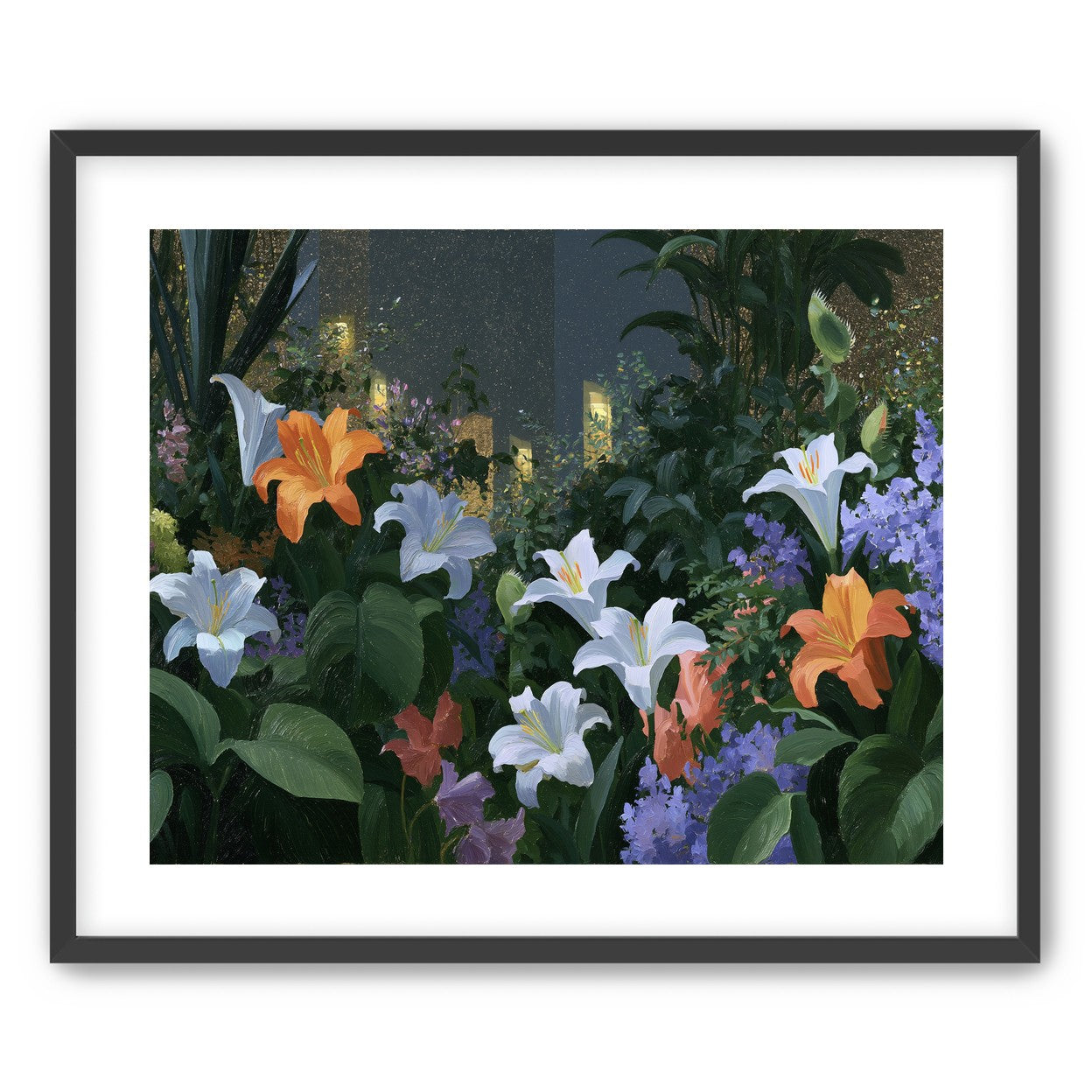 Lit windows beyond the lilies