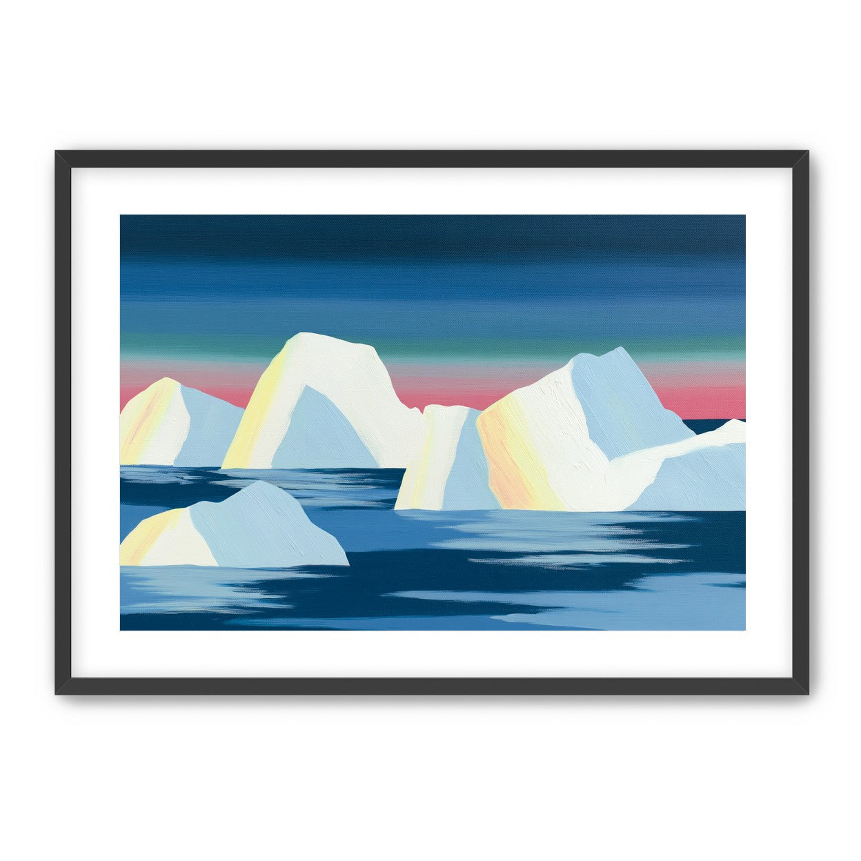 Icebergs under a pink banded sky