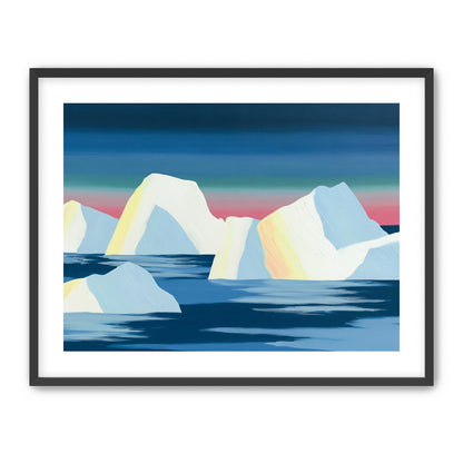 Icebergs under a pink banded sky