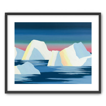 Icebergs under a pink banded sky