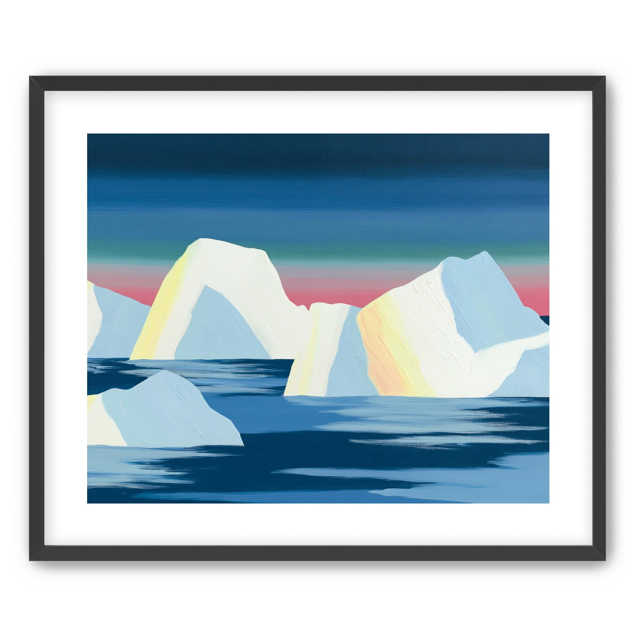 Icebergs under a pink banded sky