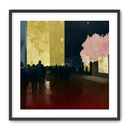 Crowd beneath the glowing wall