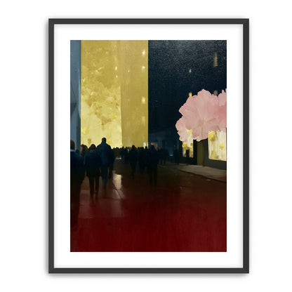 Crowd beneath the glowing wall