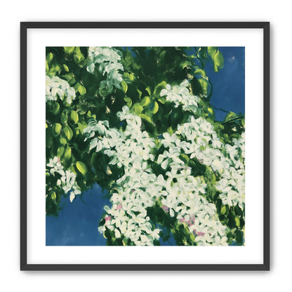 White blossoms on blue field