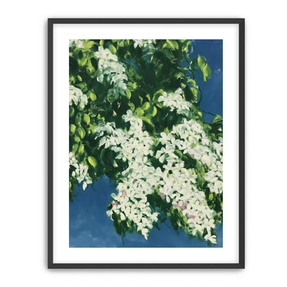 White blossoms on blue field