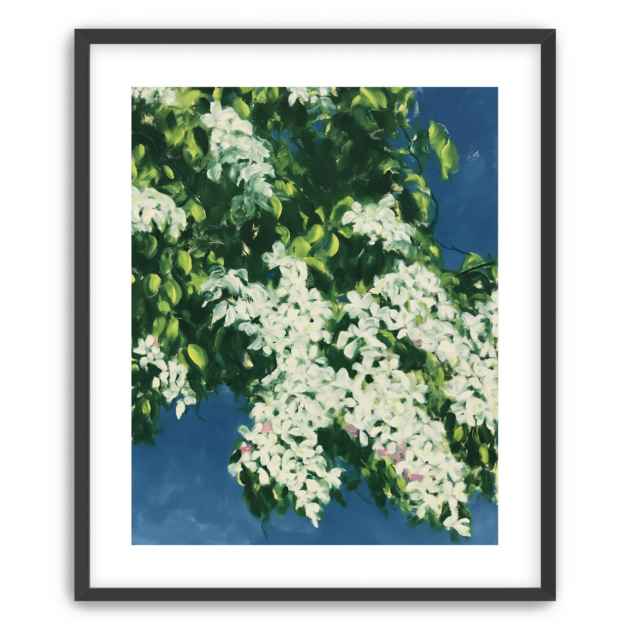 White blossoms on blue field