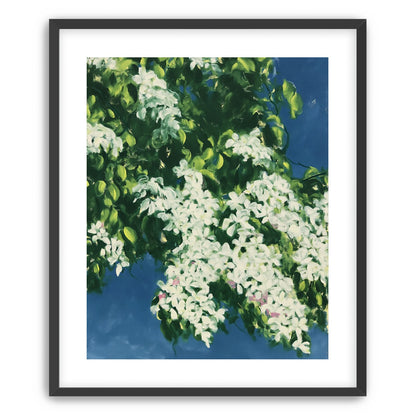 White blossoms on blue field
