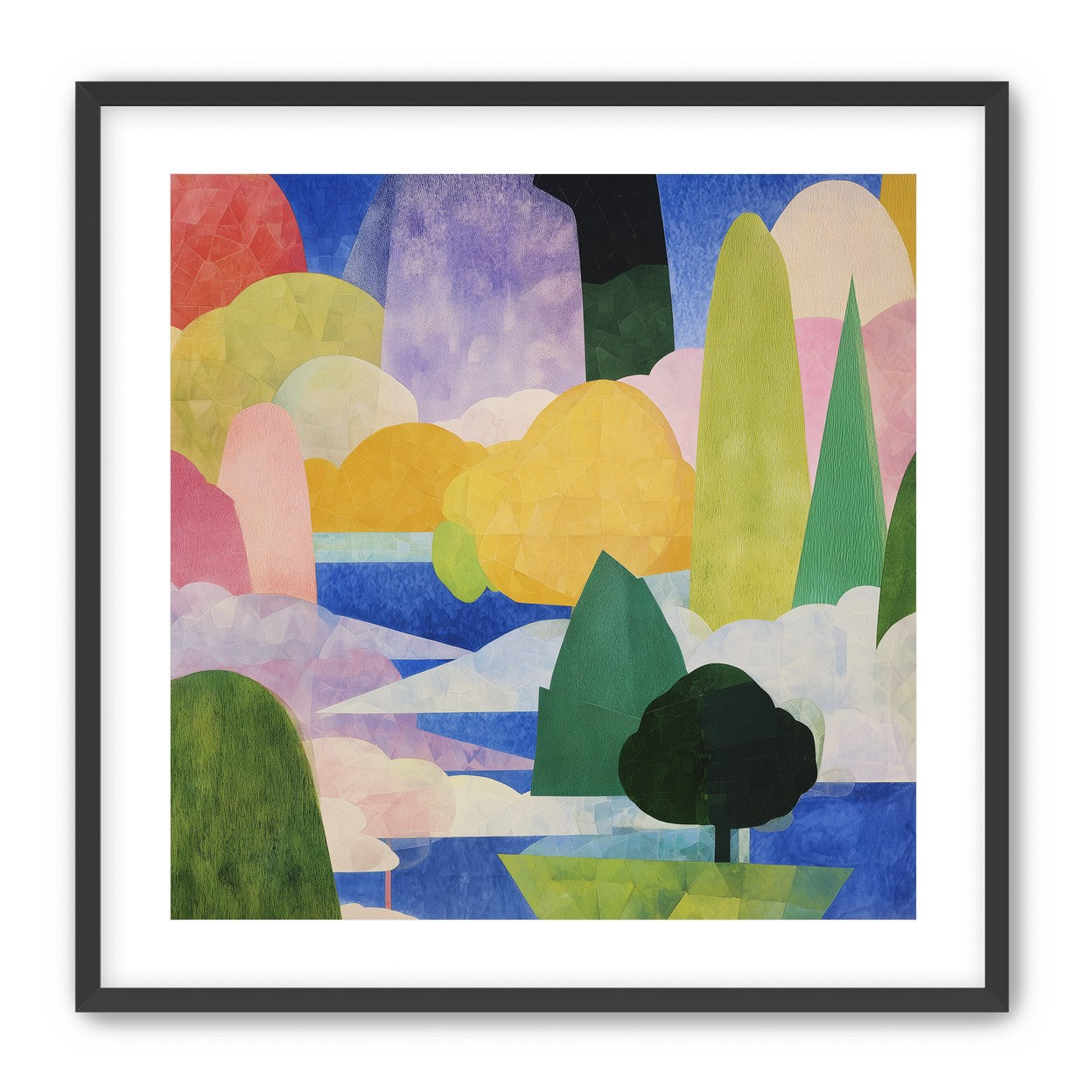 Tall trees over blue water