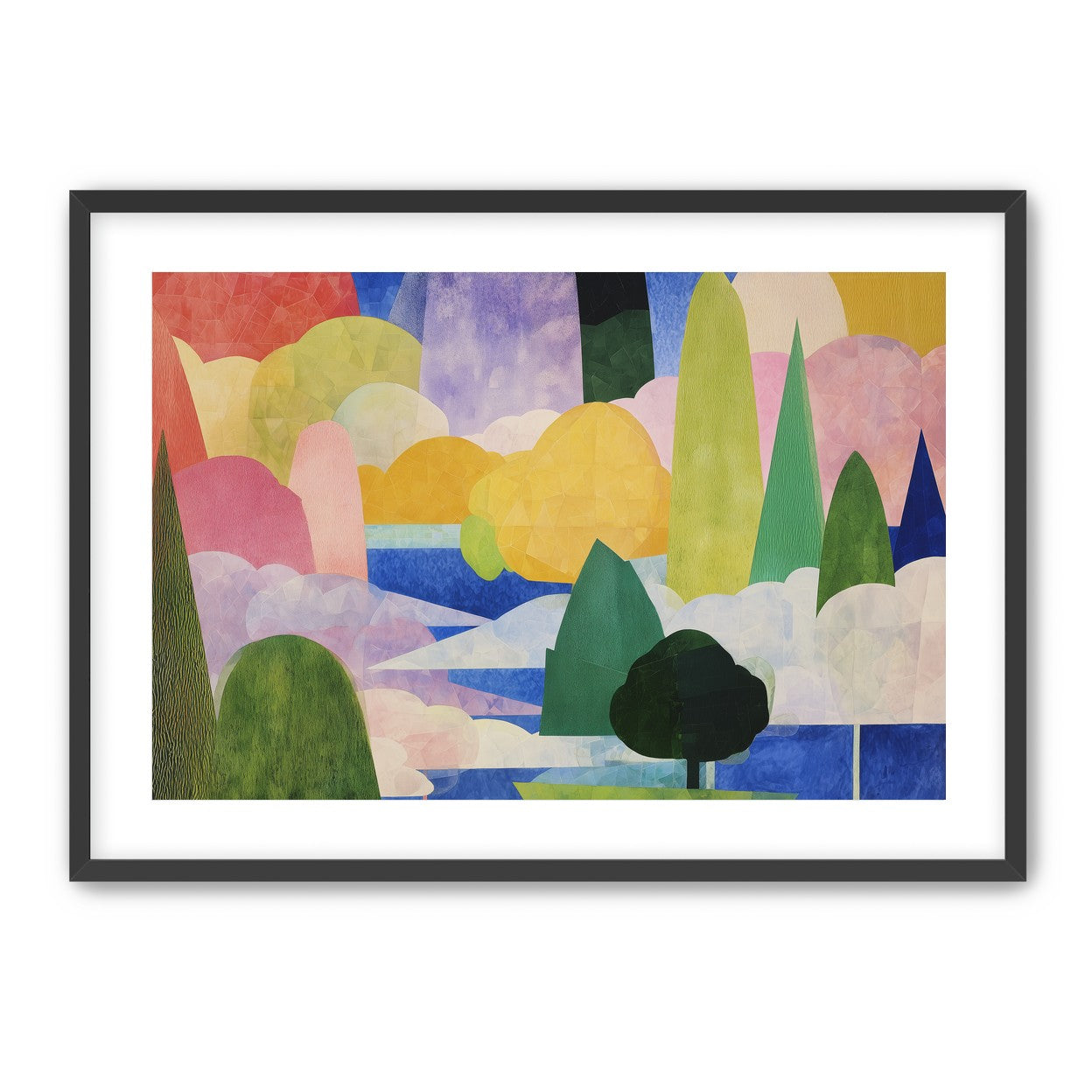 Tall trees over blue water