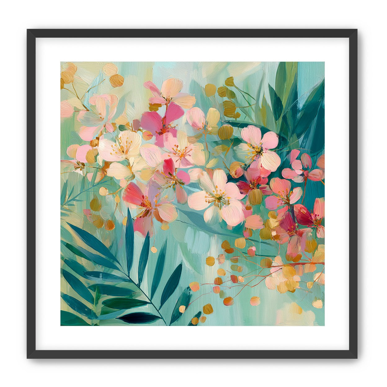 Blossoms over teal leaves