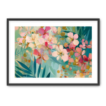Blossoms over teal leaves