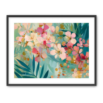 Blossoms over teal leaves