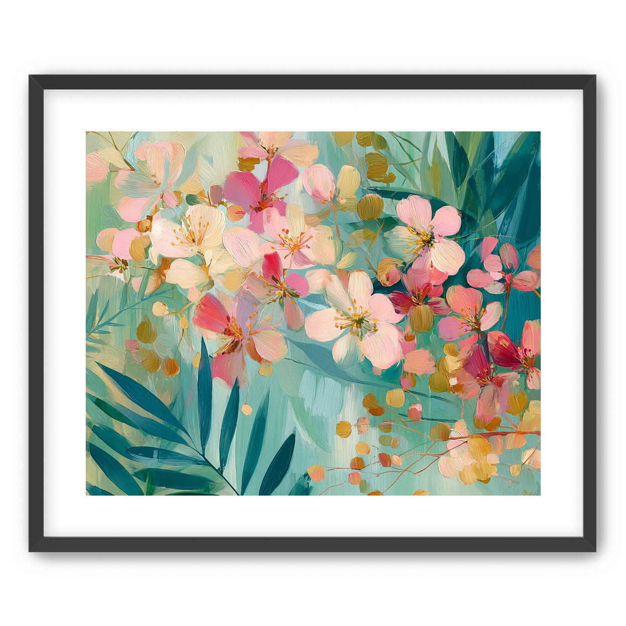 Blossoms over teal leaves