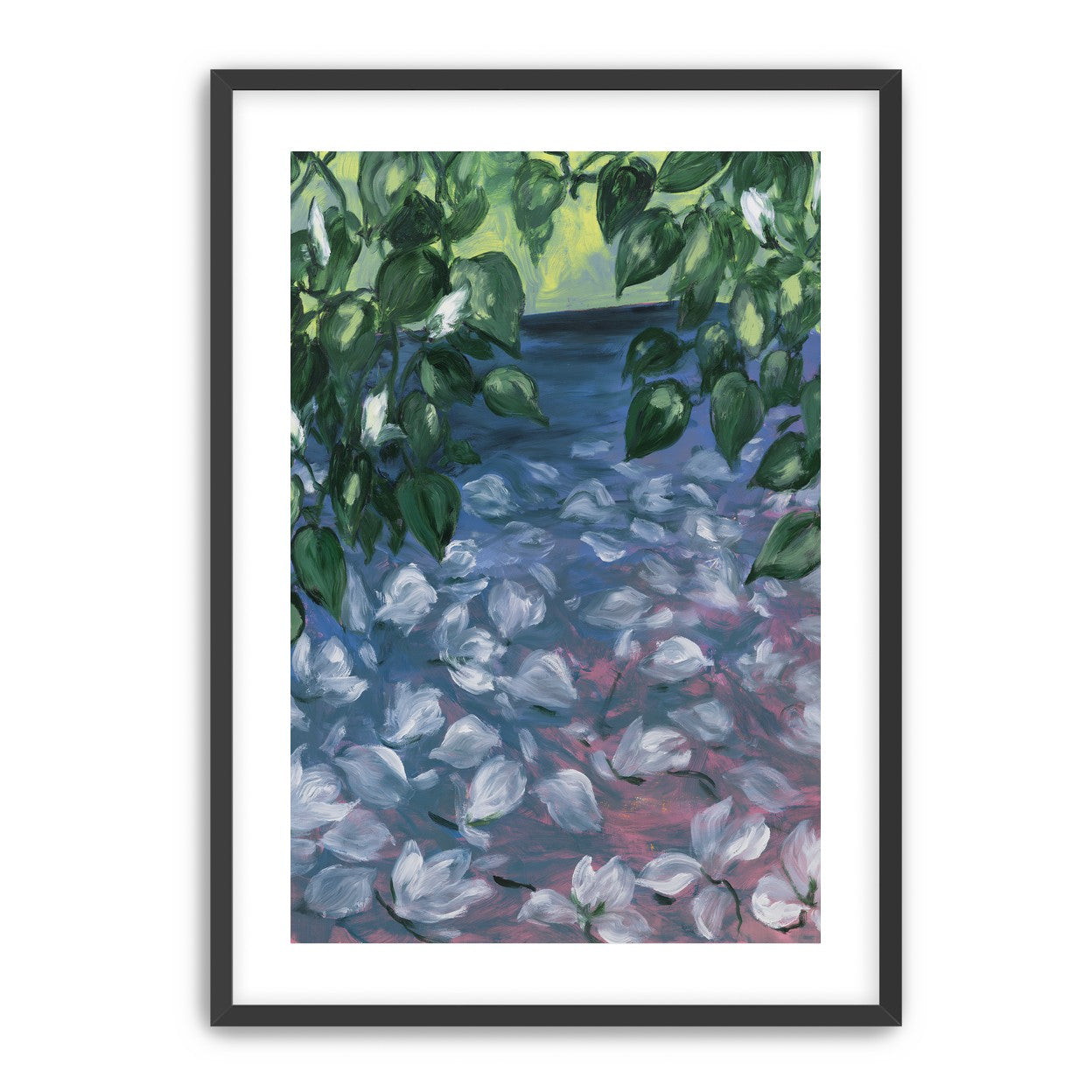 White petals on blue pond