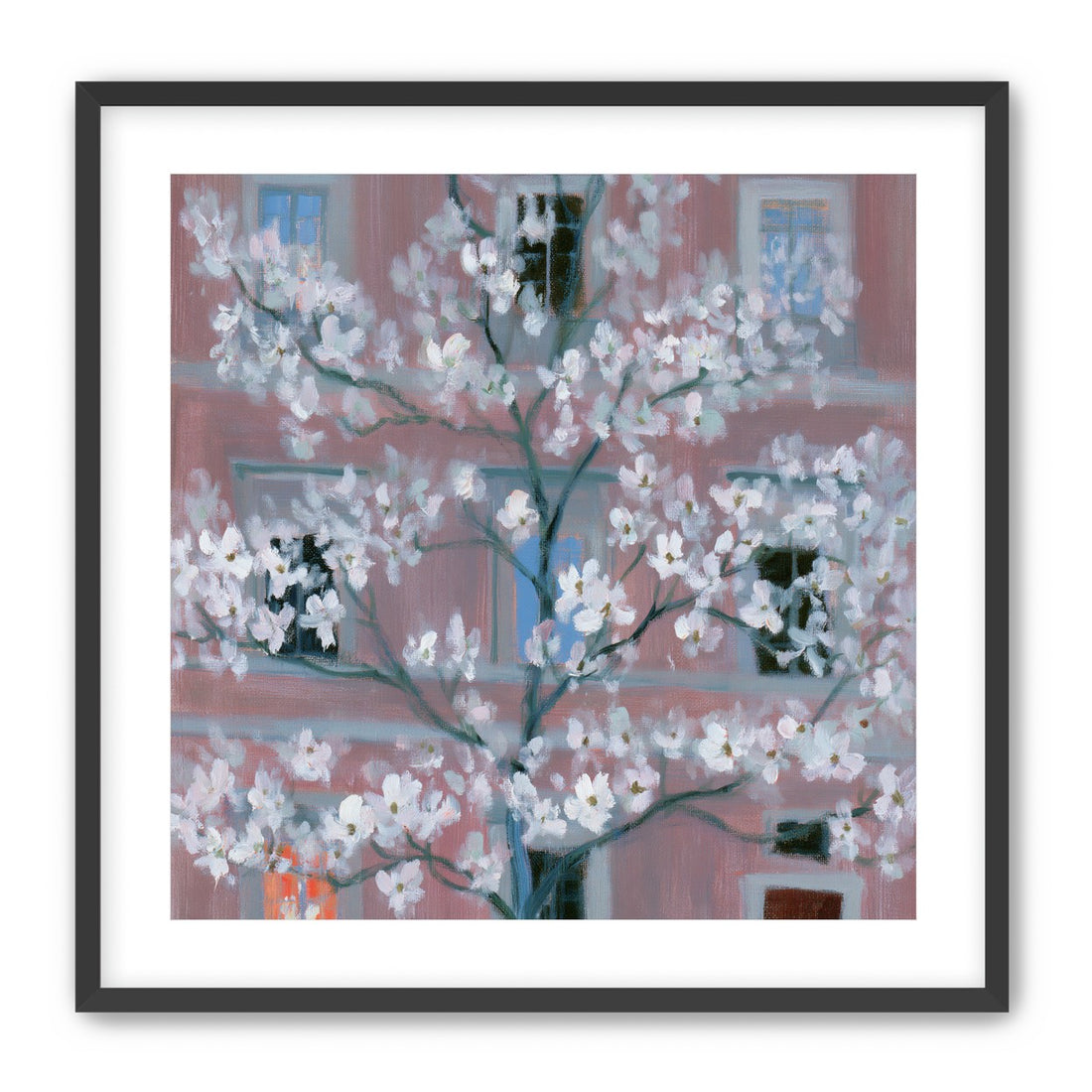 White blossoms against the pink house