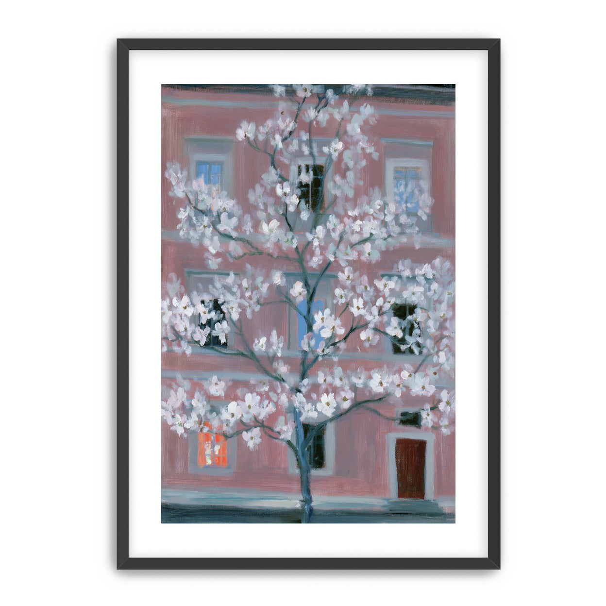 White blossoms against the pink house
