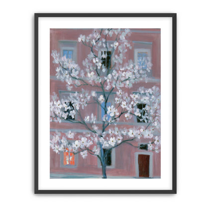 White blossoms against the pink house