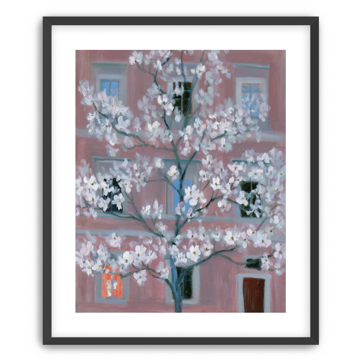 White blossoms against the pink house