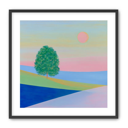 Pink sun over striped hills