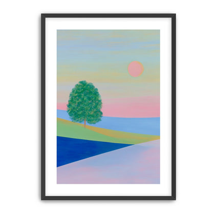 Pink sun over striped hills