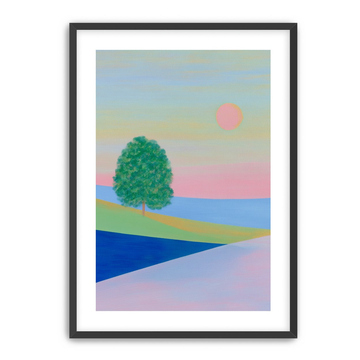 Pink sun over striped hills
