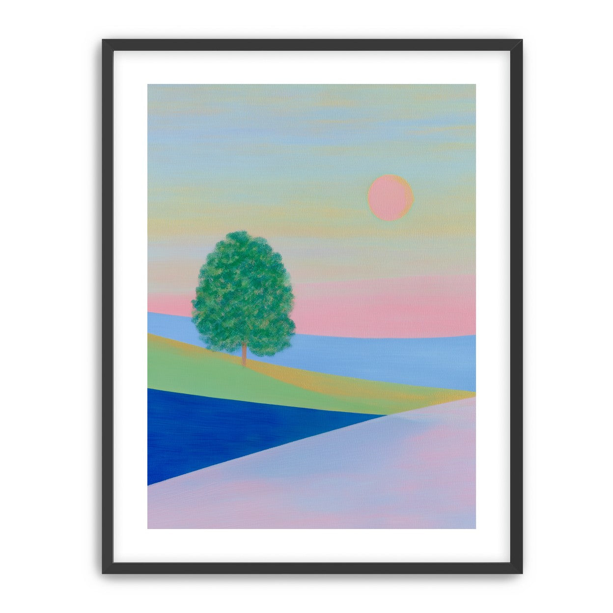Pink sun over striped hills
