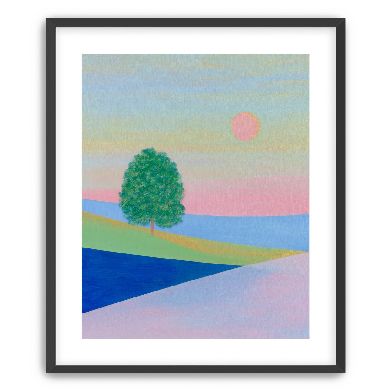 Pink sun over striped hills