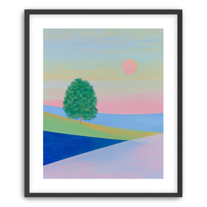 Pink sun over striped hills