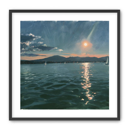 Peach sun on blue water