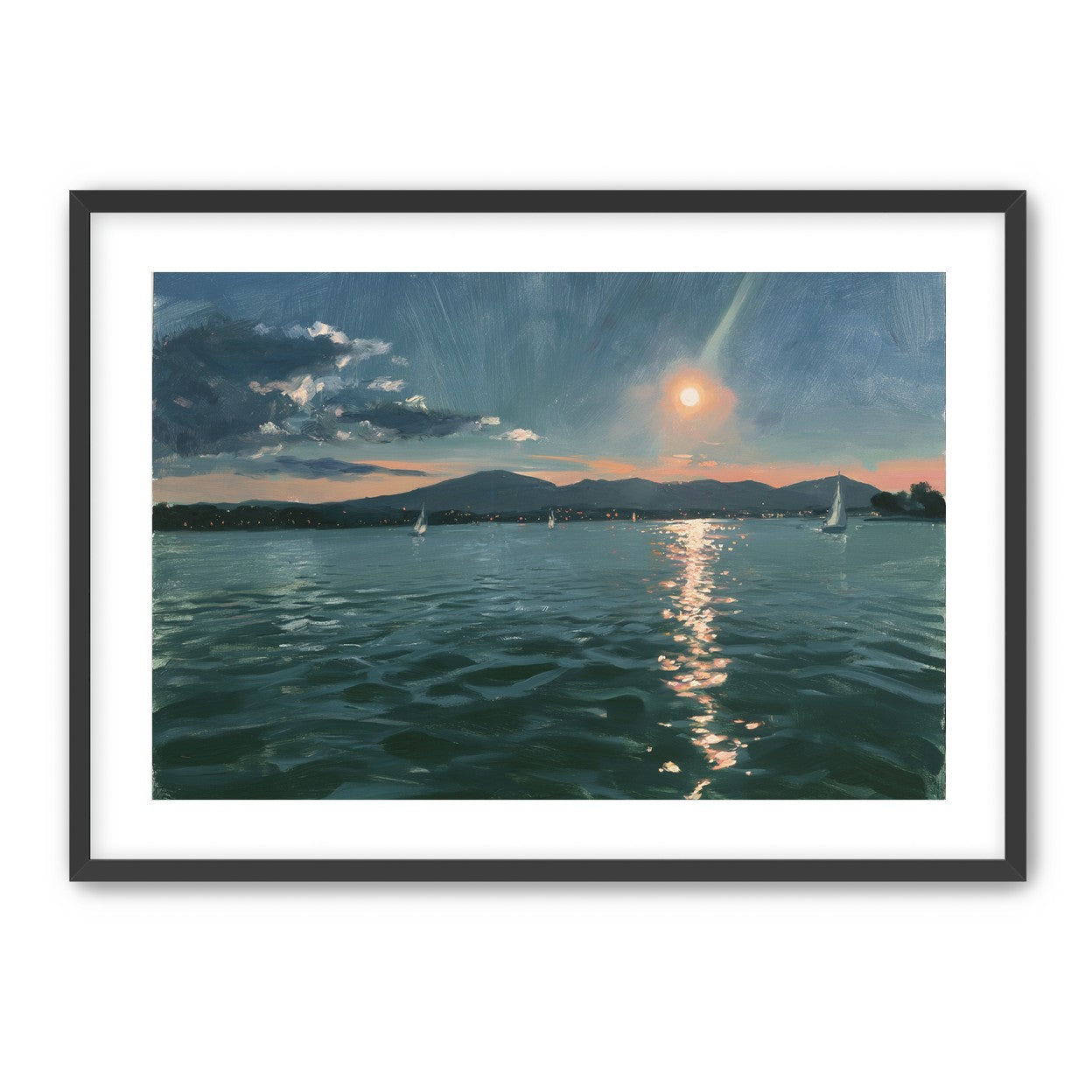 Peach sun on blue water