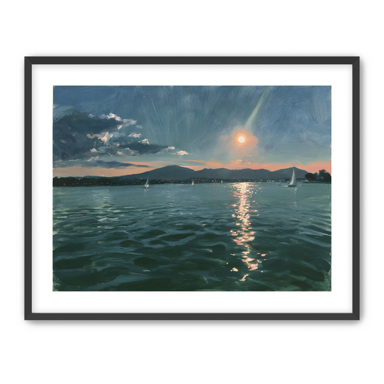Peach sun on blue water