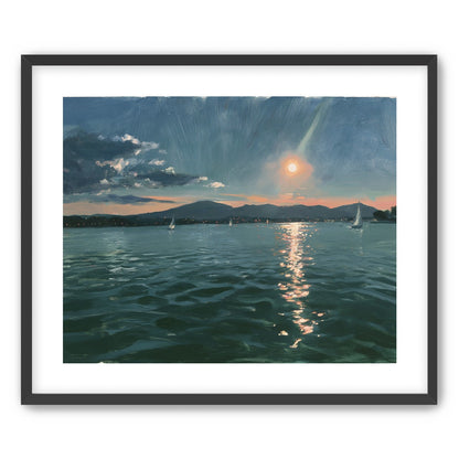 Peach sun on blue water