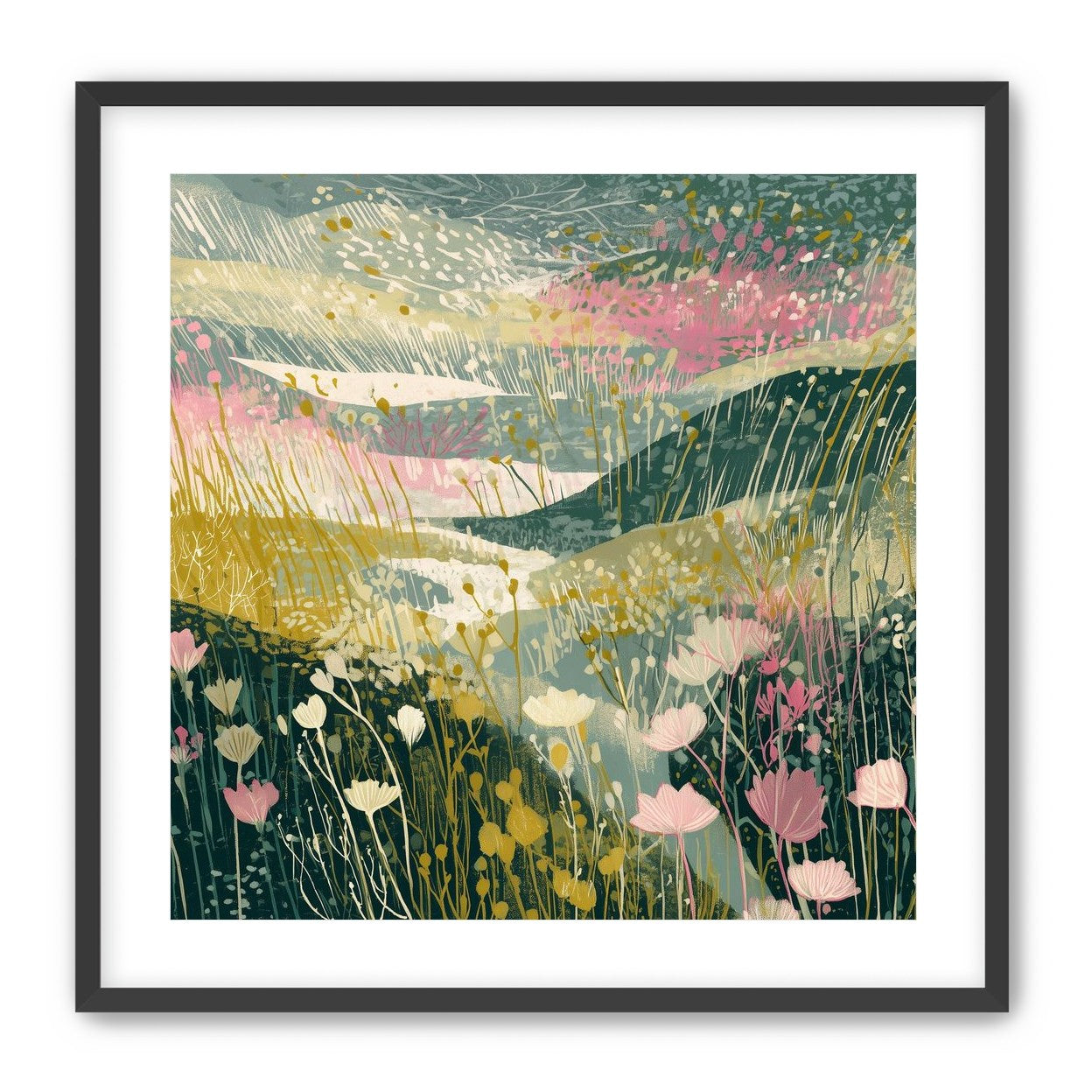Wildflowers across layered hills