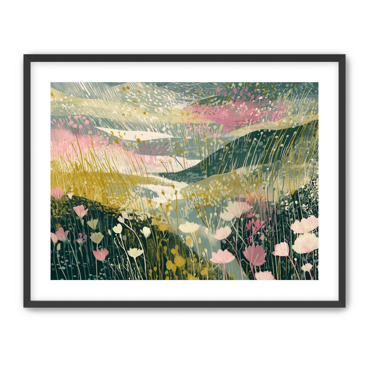 Wildflowers across layered hills