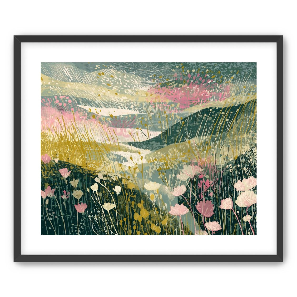 Wildflowers across layered hills