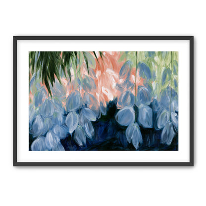 Blue flowers under green leaves