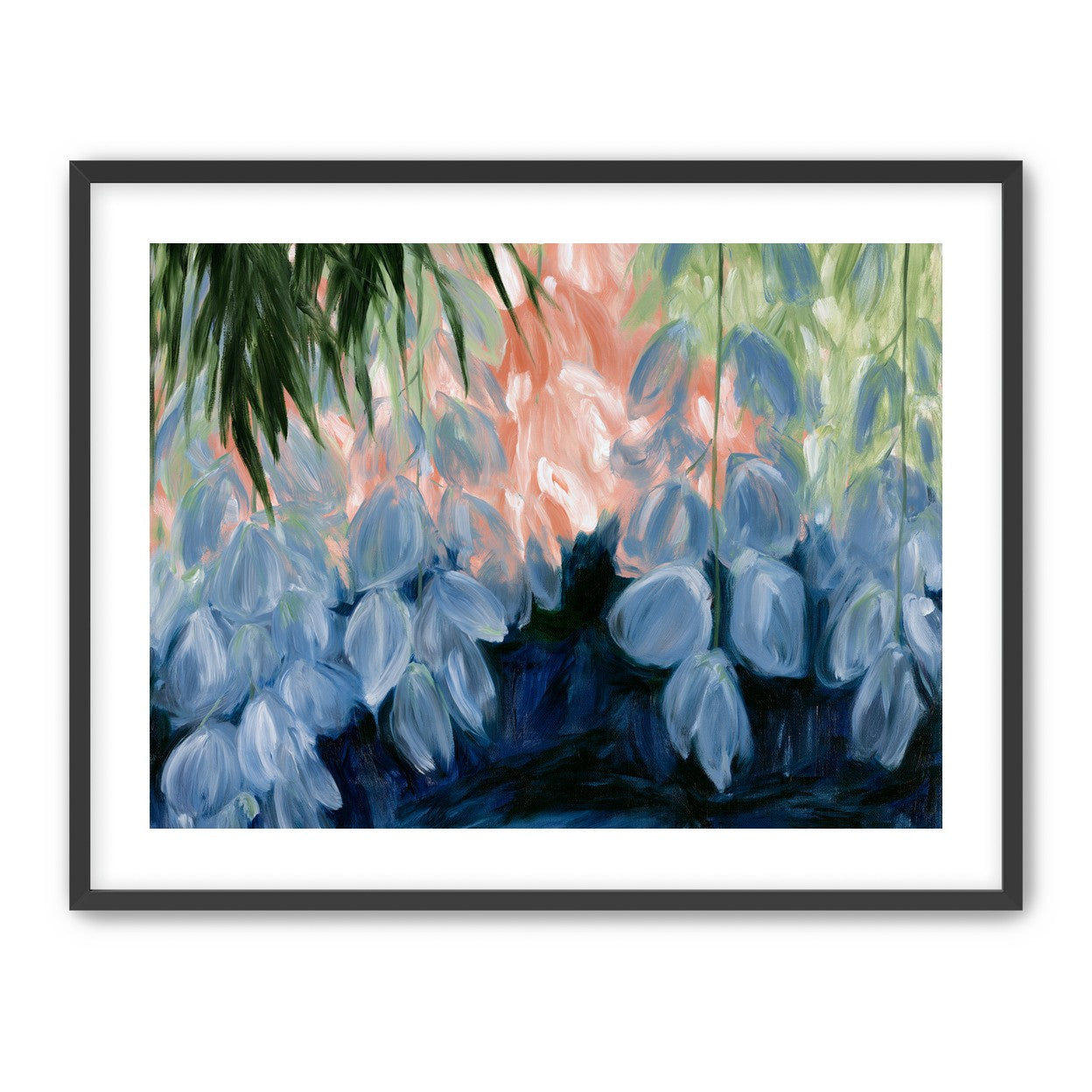 Blue flowers under green leaves