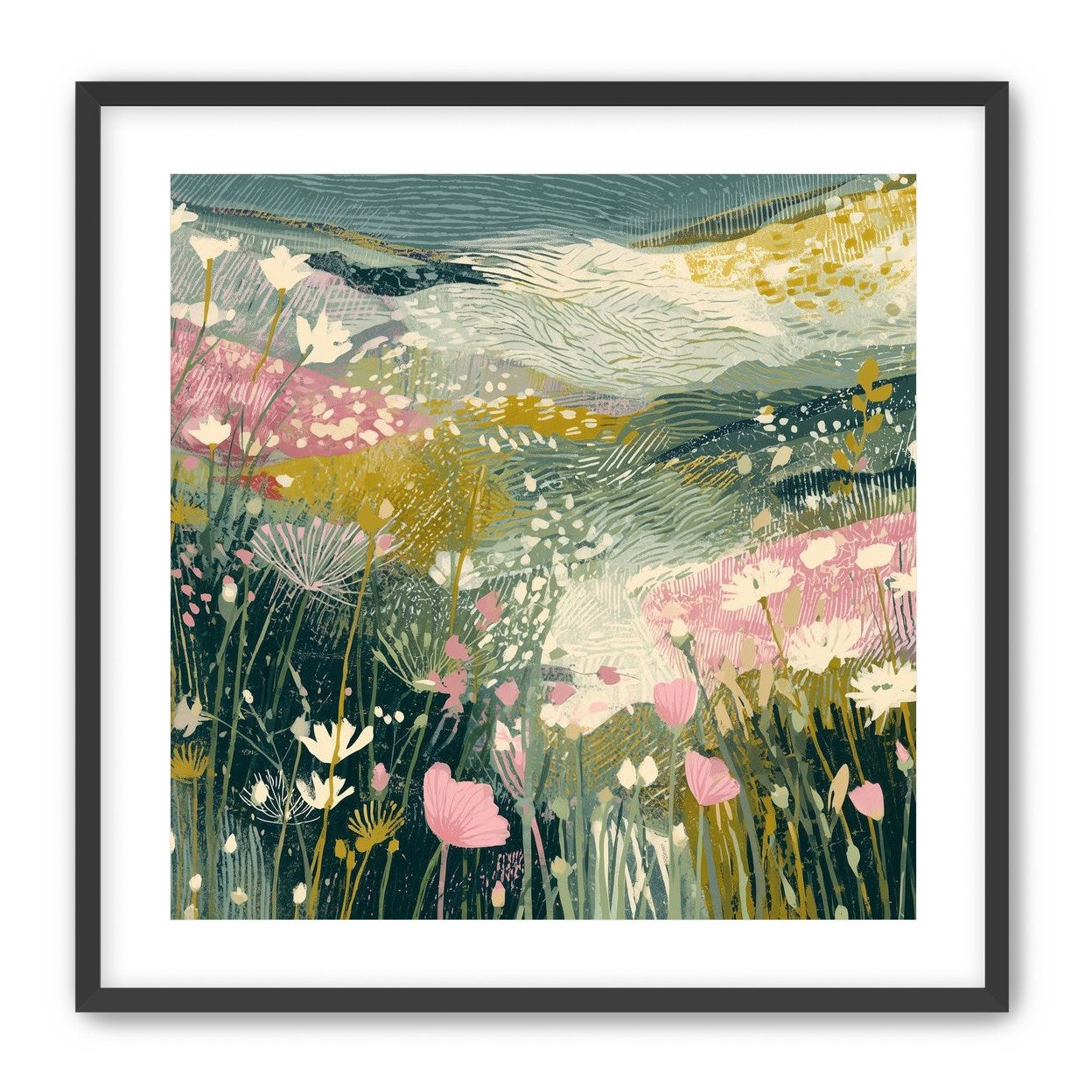 Teal sky over pink meadow