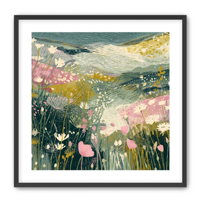 Teal sky over pink meadow