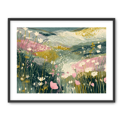 Teal sky over pink meadow