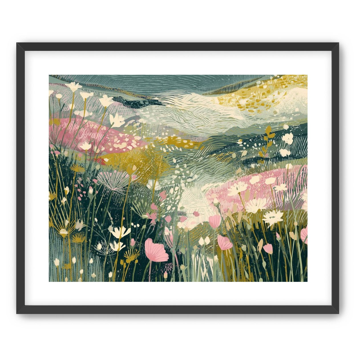 Teal sky over pink meadow
