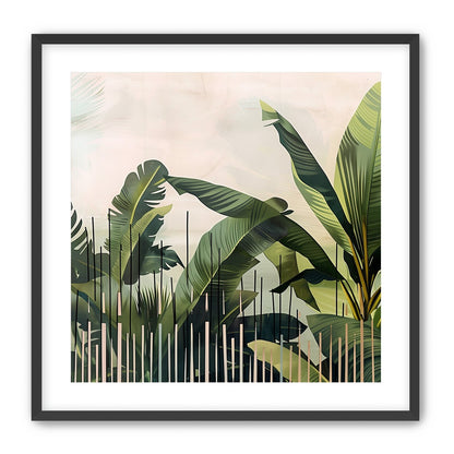Tropical leaves behind black bars
